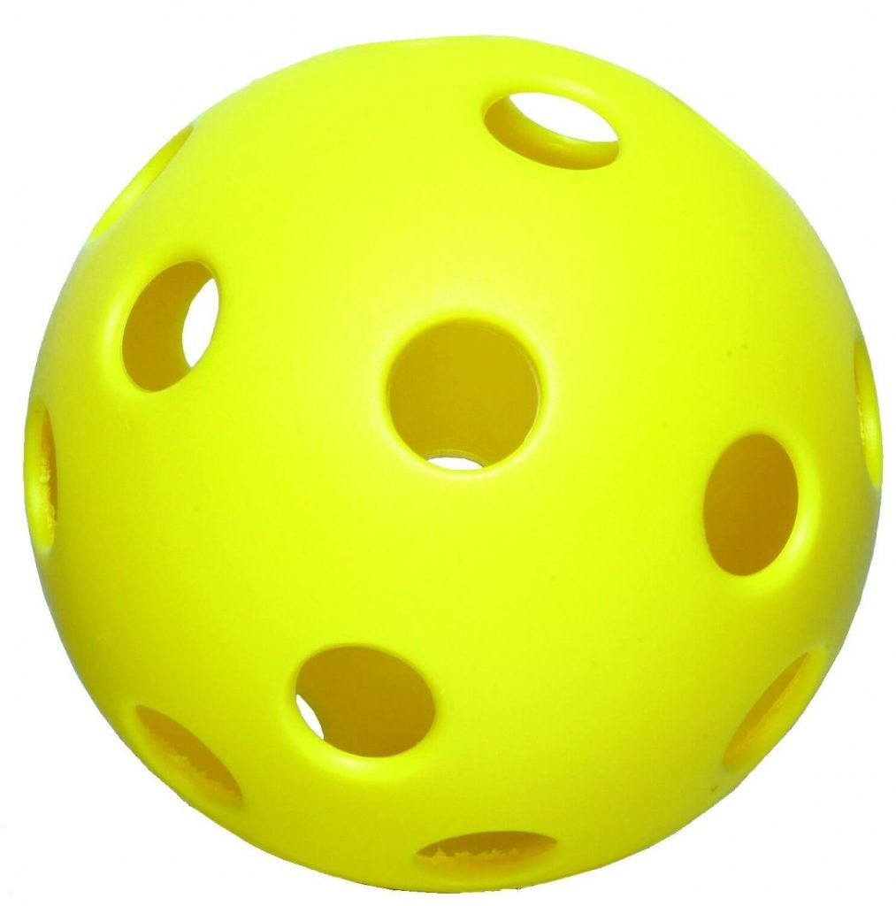 Pickleball is played with this type of plastic ball, called whiffle ball