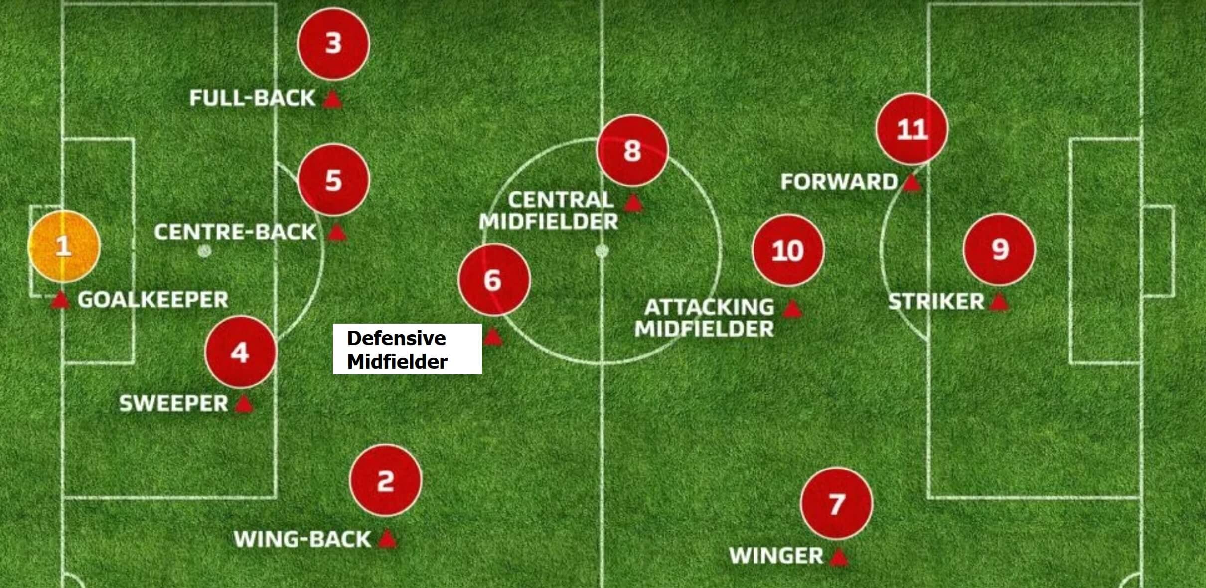  A soccer field with a diagram of a team's defensive midfielder position.